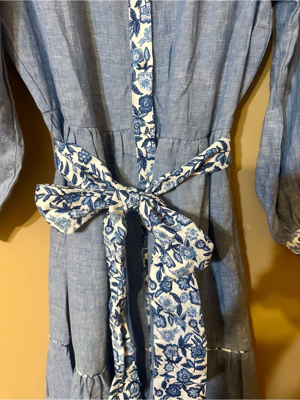 Boden Alba Linen Maxi Dress Light Blue Tiered Long Dress with Floral Trim - Picture 5 of 8